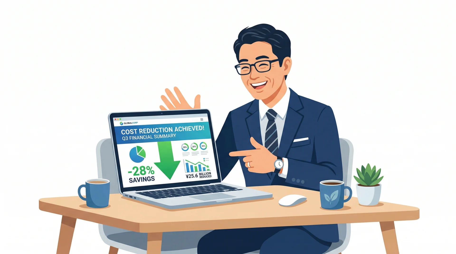デスクに座るスーツ姿の男性が、28%のコスト削減を示すパソコン画面を指差して笑顔で喜んでいる。