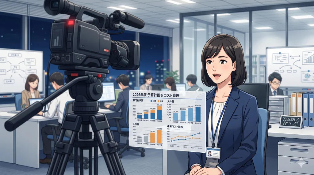 夜のオフィスで、女性社員が予算計画とコスト管理のグラフを前にビデオカメラに向かって話している。