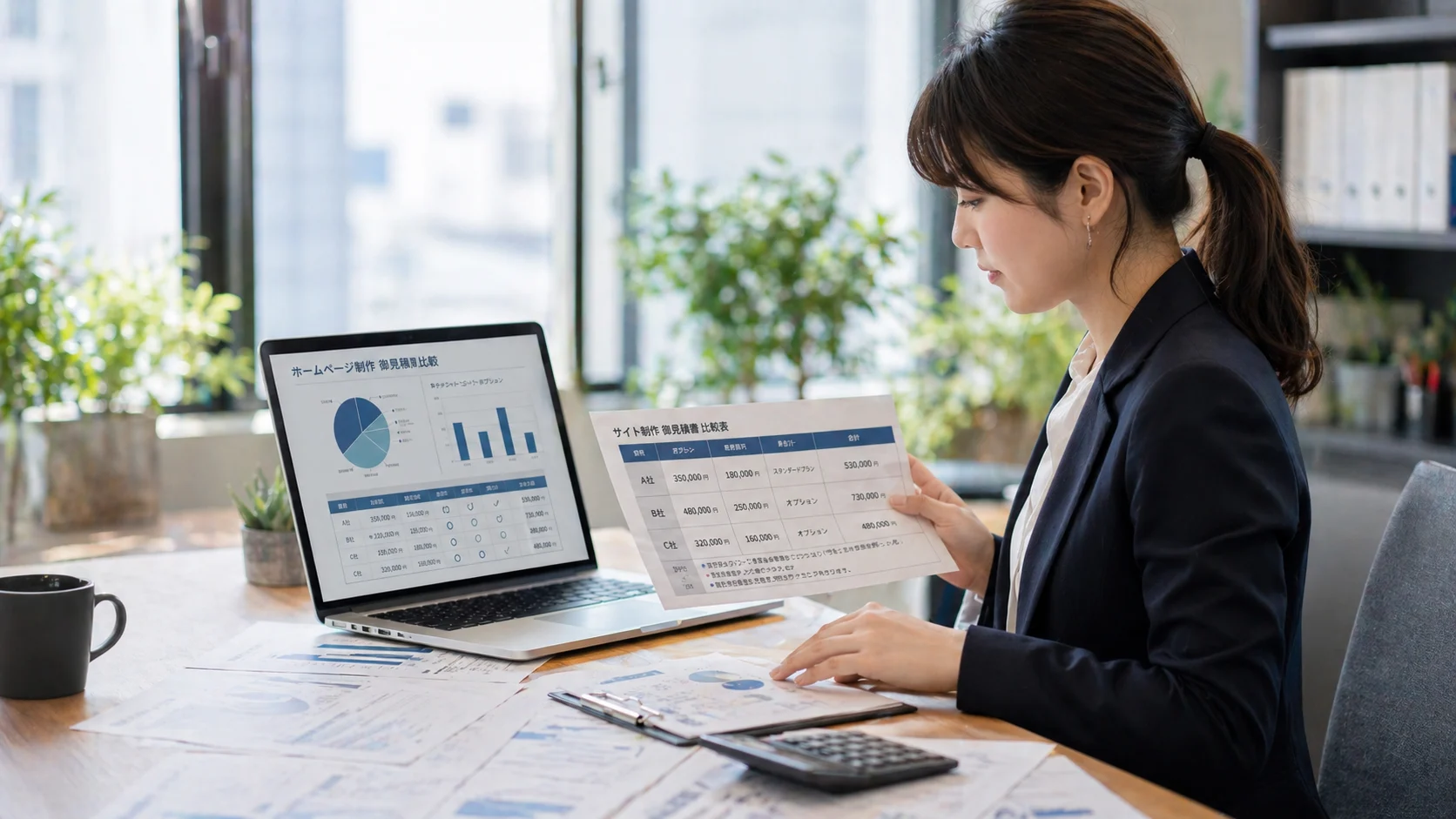明るいオフィスで女性がホームページ制作の見積書を持ち、パソコンのグラフを確認しながら検討している。