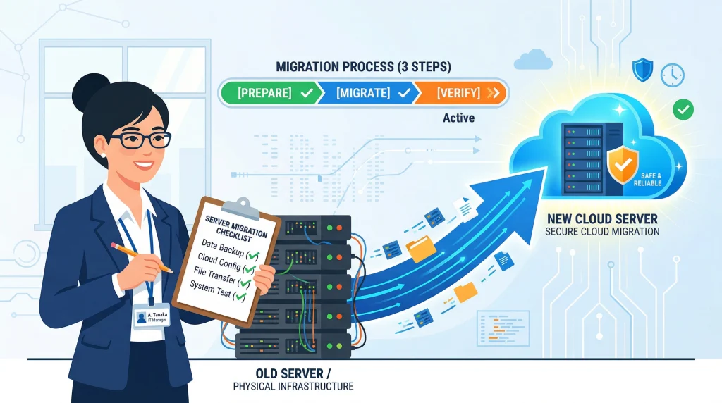 女性IT管理者がチェックリストを持ち、物理サーバーからクラウドへのデータ移行プロセスを管理している。