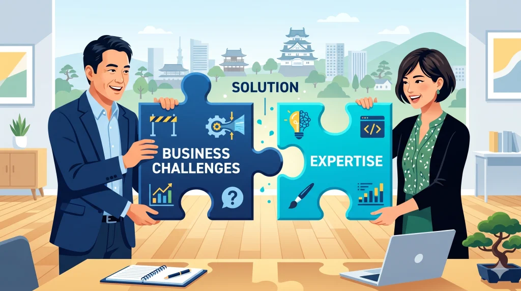 オフィスでスーツ姿の男女が、ビジネス課題と専門知識の大きなパズルを組み合わせて解決策を作っている。