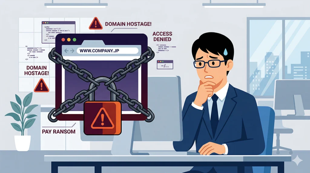 オフィスで鎖と南京錠により封鎖された自社サイトの画面を見て冷や汗をかき困惑するスーツ姿の男性。