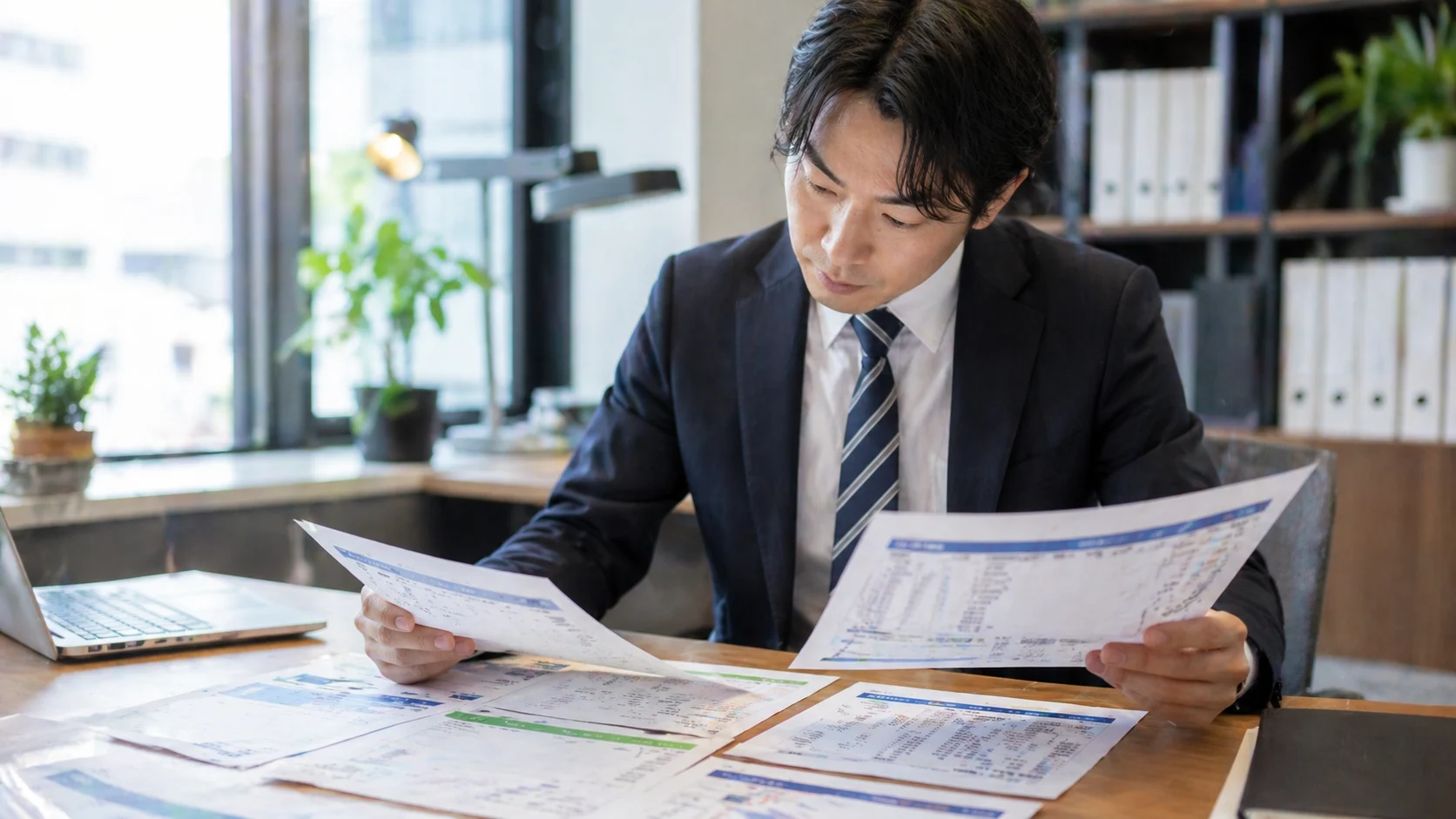 明るいオフィスのデスクでスーツ姿の男性が、手に持った複数の資料を真剣な表情で読み込んでいる。
