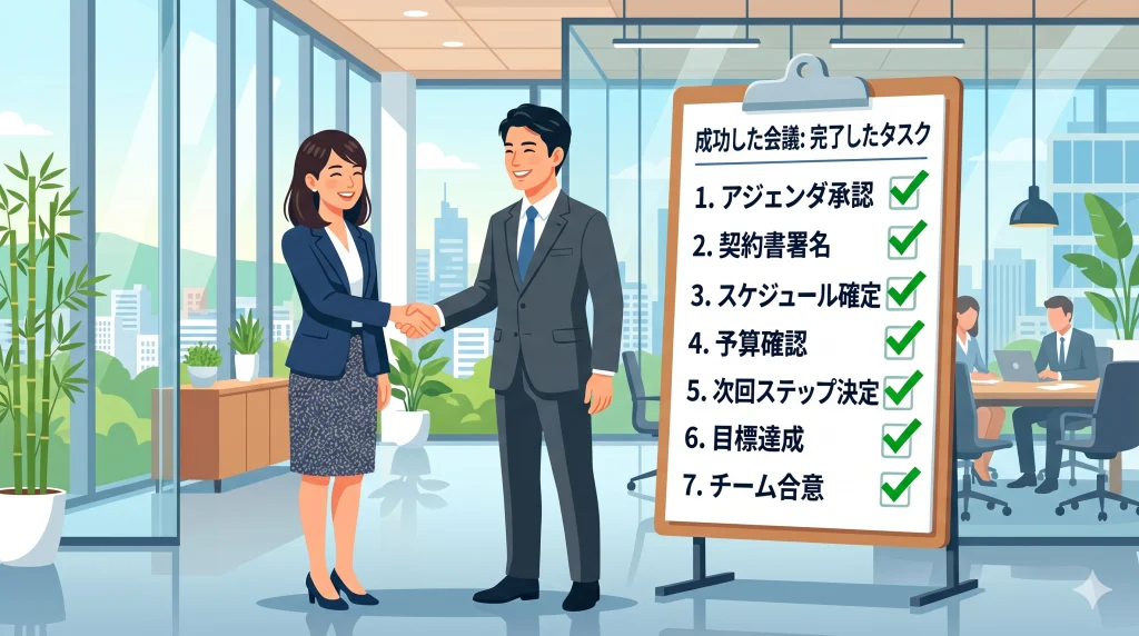 会議の全タスク完了を示すボードが置かれた明るいオフィスで、スーツ姿の男女が笑顔で握手している。