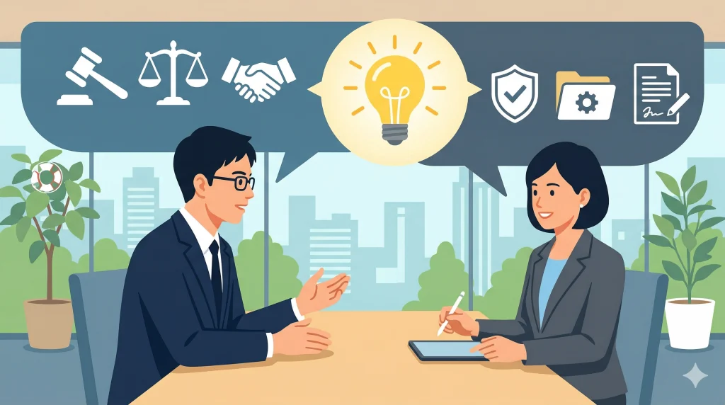 オフィスでスーツ姿の男女が向かい合い法務や契約に関する解決策をタブレットで相談しています