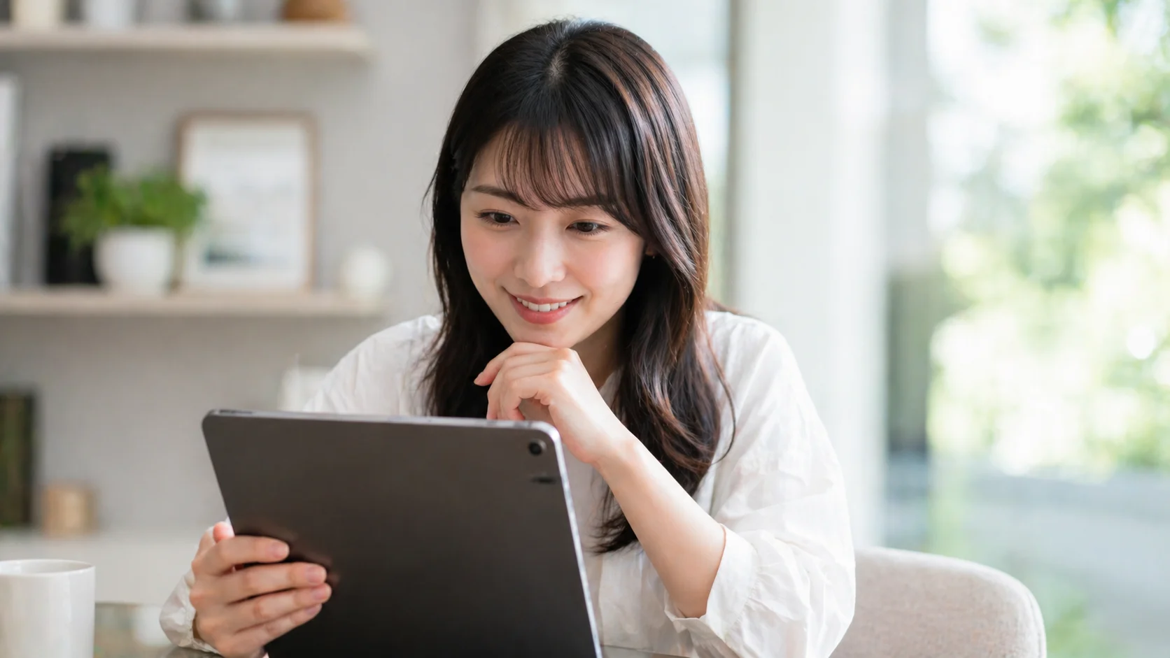 明るいリビングで白いブラウスを着た女性が、顎に手を添え笑顔でタブレットの画面を眺めている。