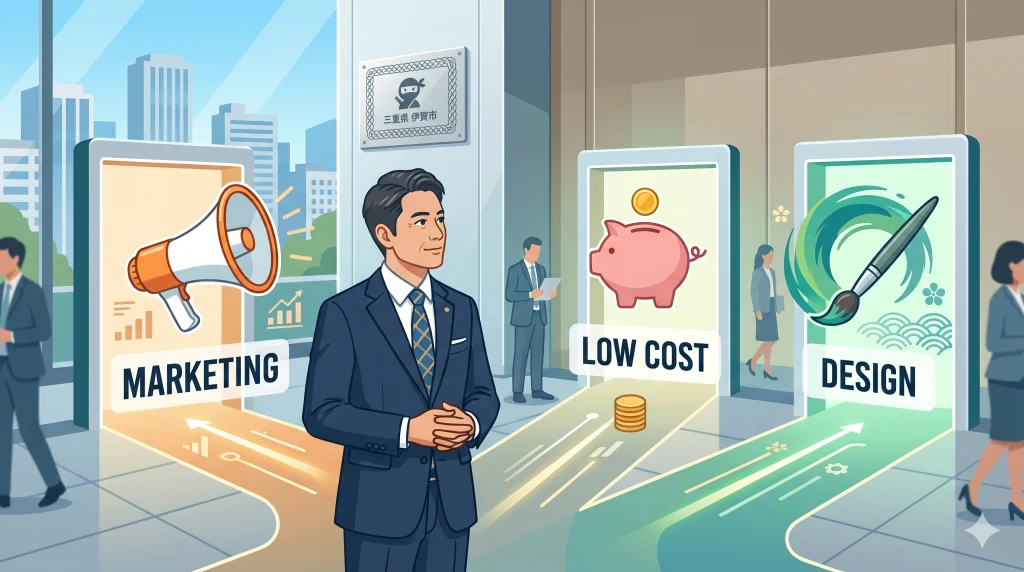 オフィスに立つ男性の背後に、マーケティング、低コスト、デザインを示す3つの光る道が続いている。