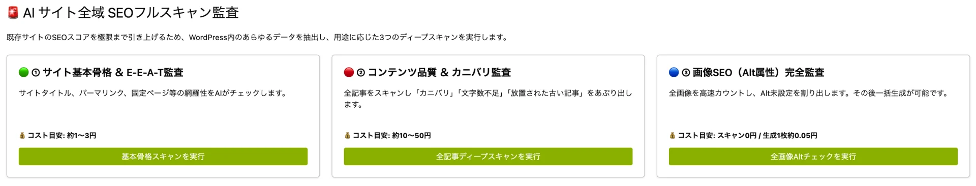 AIサイト全域SEOフルスキャン監査画面に、基本骨格、コンテンツ、画像SEOの3つの実行パネルが並ぶ。