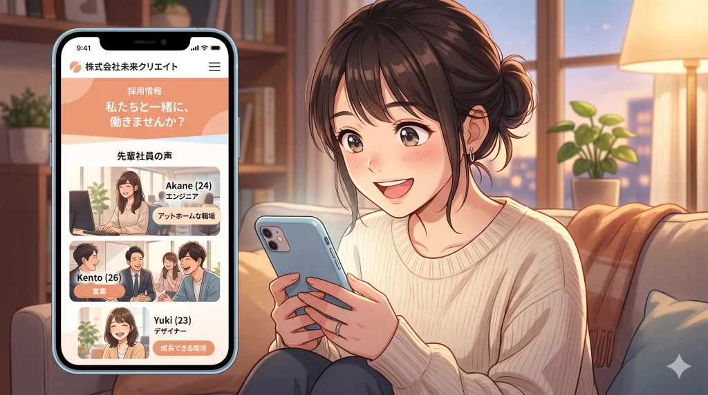 自宅のソファに座り、スマートフォンで株式会社未来クリエイトの採用情報サイトを笑顔で見る女性。