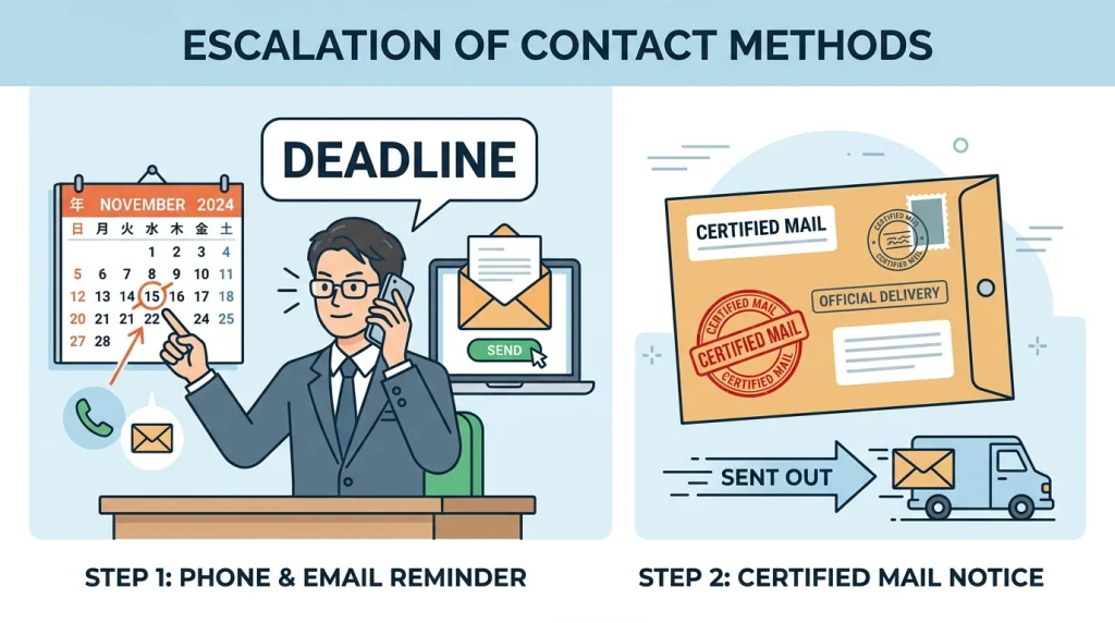 電話やメールで期限を促す男性から内容証明郵便の発送へ、連絡方法をエスカレーションする手順。