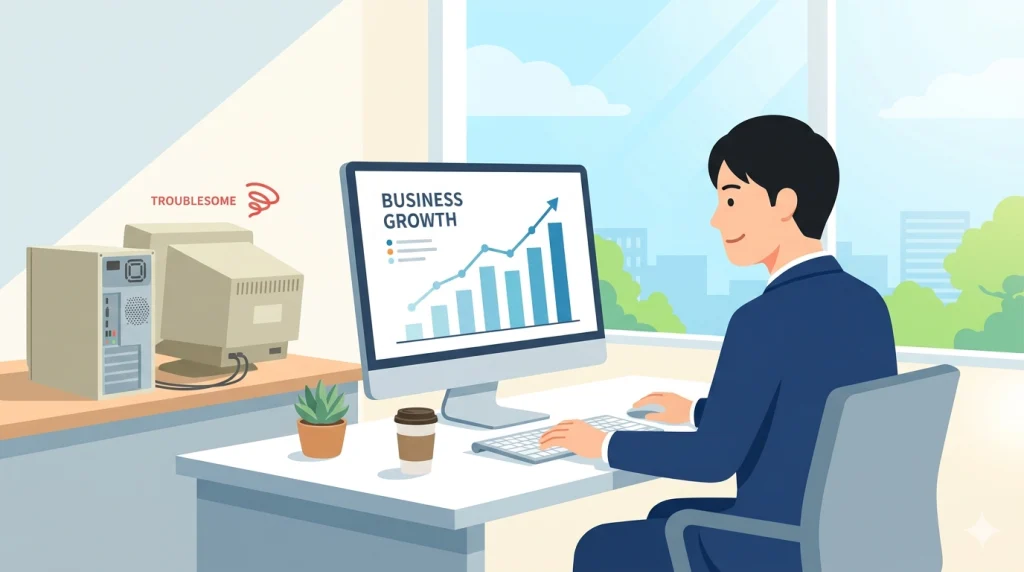 オフィスで男性が、トラブルを示す古いパソコンの横で、モニターのビジネス成長グラフを笑顔で見ている。