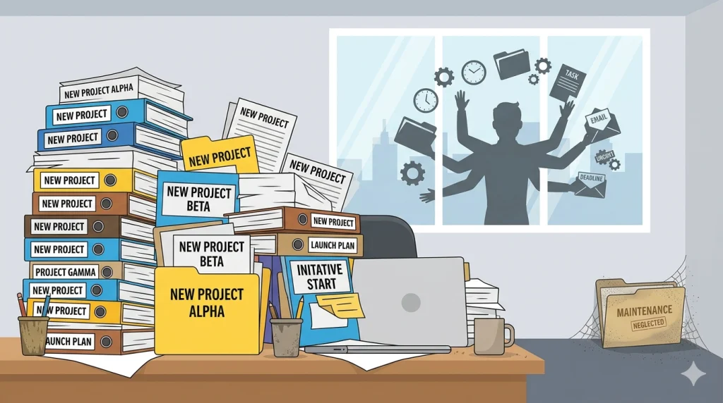 山積みの新規プロジェクト書類と、多数の腕でタスクに追われる人物の影、蜘蛛の巣が張った保守フォルダ。