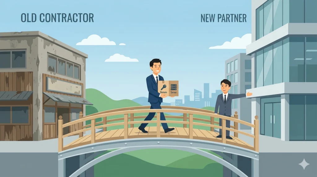 ドメインとサーバーの箱を抱えた男性が、古い建物から橋を渡って新しいパートナーのビルへ移動している。