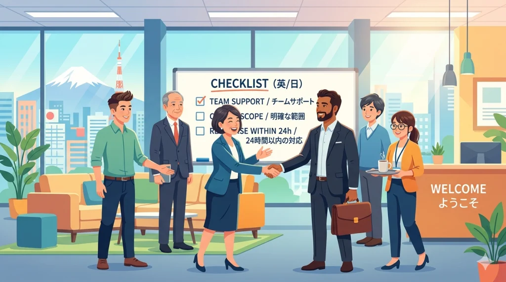 富士山が見える東京のオフィスで、多様な国籍のビジネスパーソンが笑顔で歓迎の握手を交わしている。