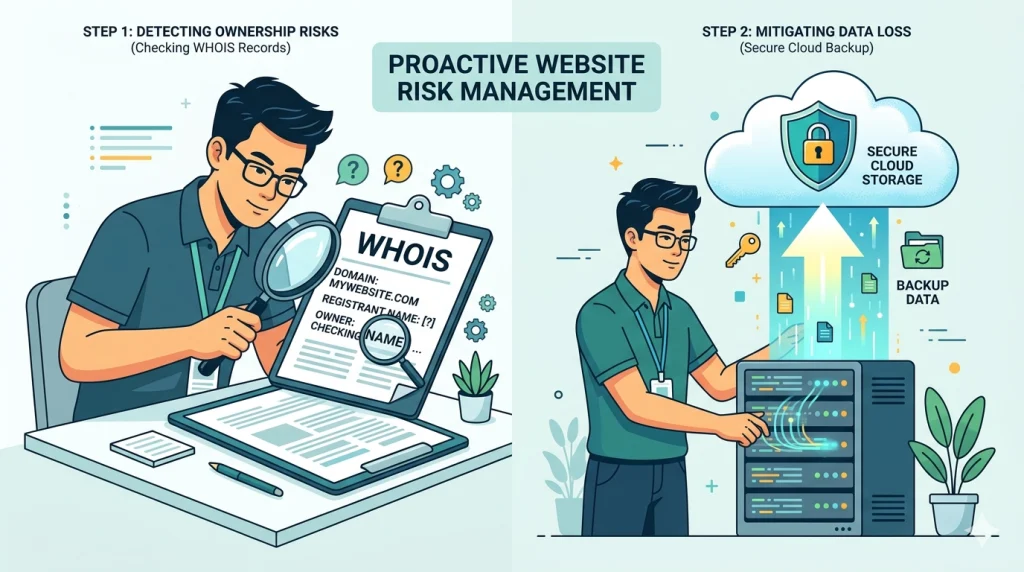 男性がデスクで虫眼鏡を使いWHOIS情報を確認し、サーバーからクラウドへバックアップしている。