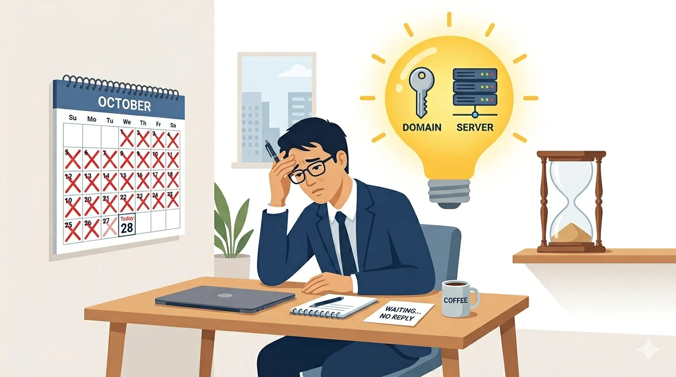 返信が来ないドメインとサーバーの手続きに時間がかかり、デスクで頭を抱えて悩んでいるスーツ姿の男性。