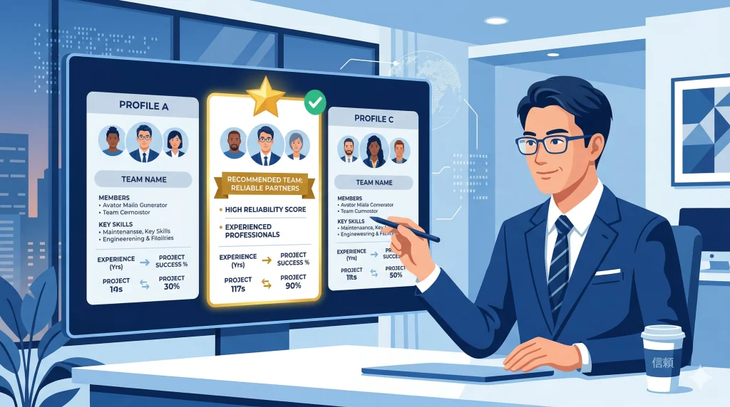 眼鏡の男性がオフィスで、モニターの複数のチームプロフィールから推奨チームをペンで指し示している。