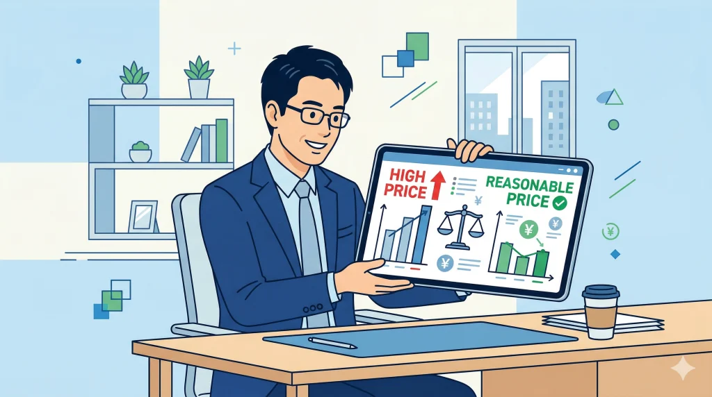 オフィスでスーツ姿の男性が、高価格と適正価格の比較グラフが表示されたタブレットを笑顔で見せている。