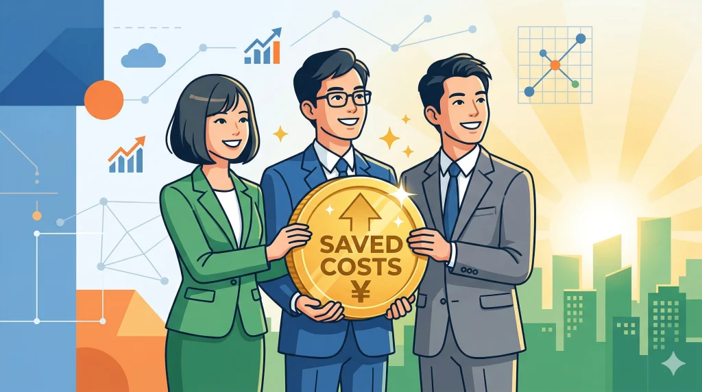 上昇グラフとビル群を背景に、コスト削減を示す大きな金貨を笑顔で持つ男女3人のビジネスパーソン