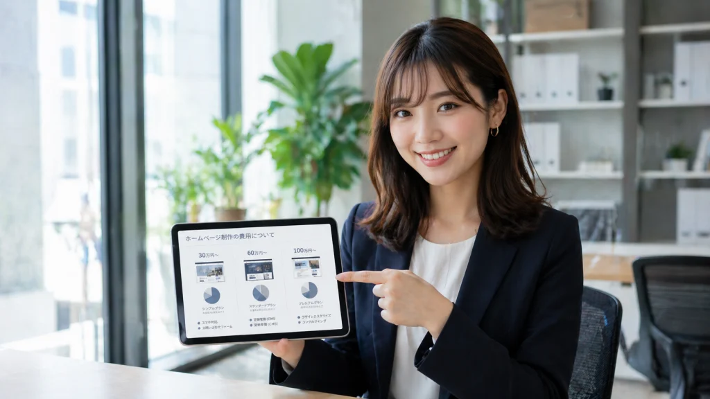 明るいオフィスで笑顔の女性がホームページ制作の料金プランが映るタブレットを指差し案内している。
