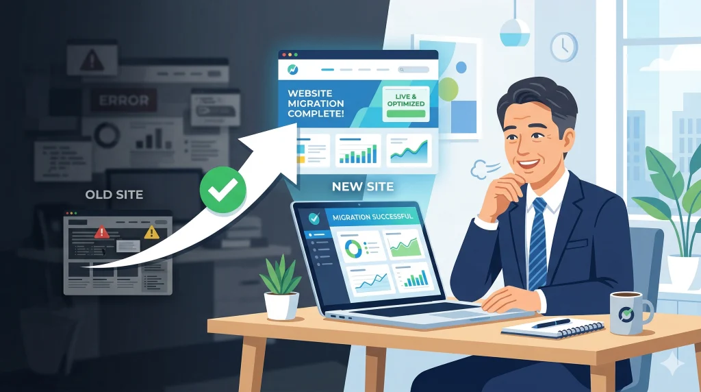 旧サイトから新サイトへの移行成功をパソコン画面で確認し、オフィスで安堵の表情を浮かべる男性。
