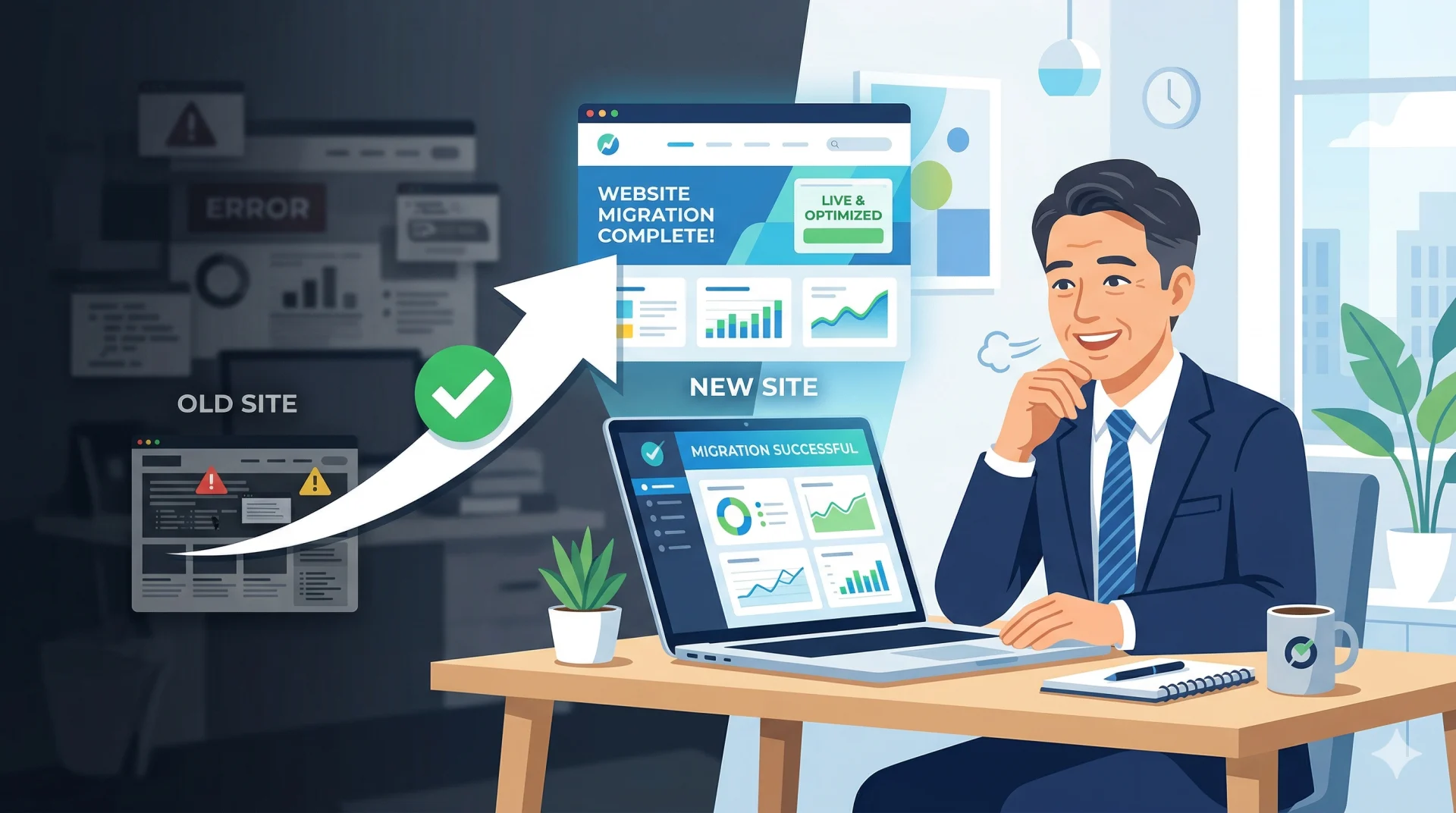 旧サイトから新サイトへの移行成功をパソコン画面で確認し、オフィスで安堵の表情を浮かべる男性。