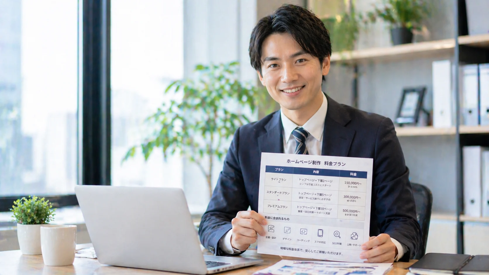 明るいオフィスでスーツ姿の男性が、ホームページ制作の料金プランが記載された資料を提示して微笑む。