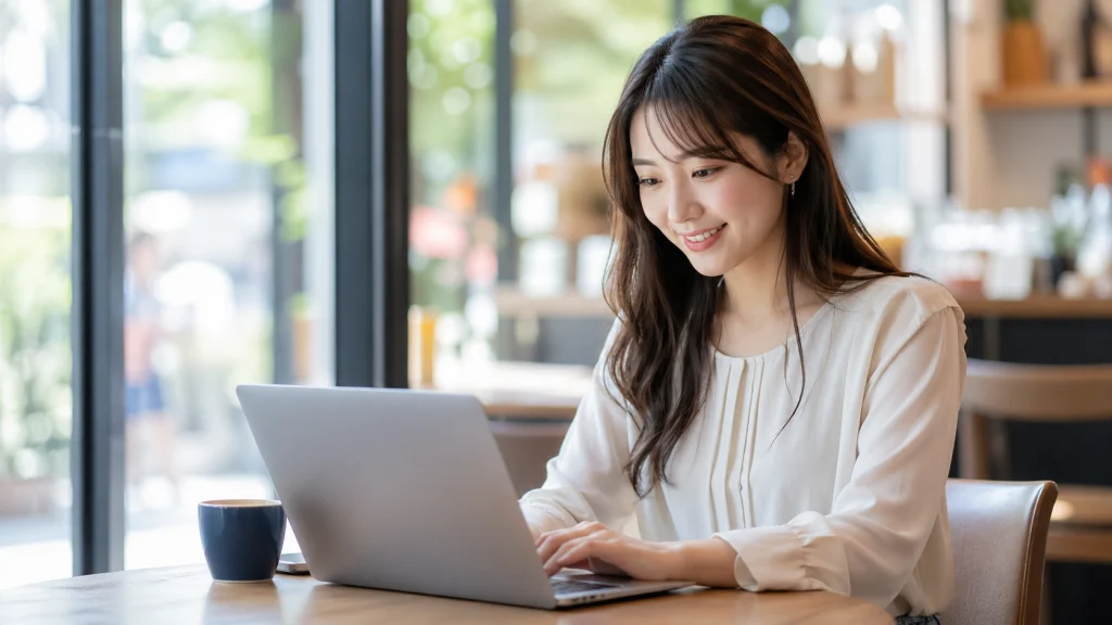 窓際の明るいカフェで、笑顔の女性がコーヒーを傍らにノートパソコンのキーボードを打つ様子。