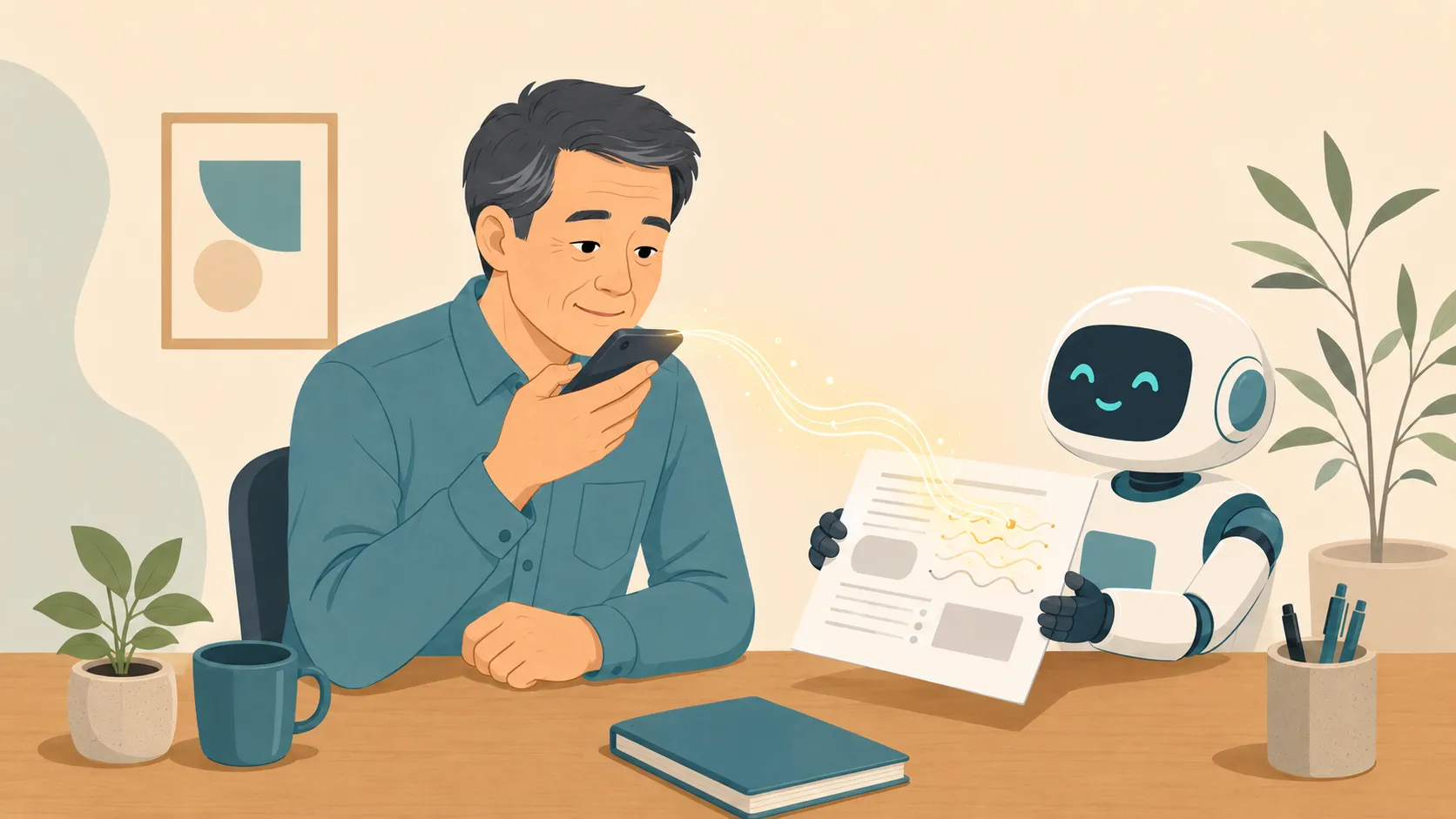 スマホの音声メモに話した言葉がロボットの持つ原稿へ流れ込む様子