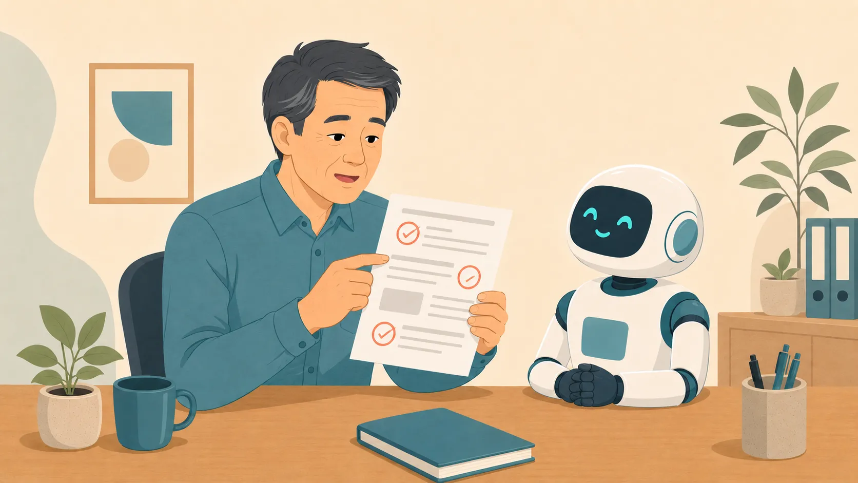 事務所で原稿を声に出して読み、隣のロボットが聞いている場面