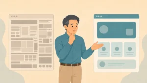 古いサイトと新しいサイトの画面を並べて見比べる50代の男性経営者