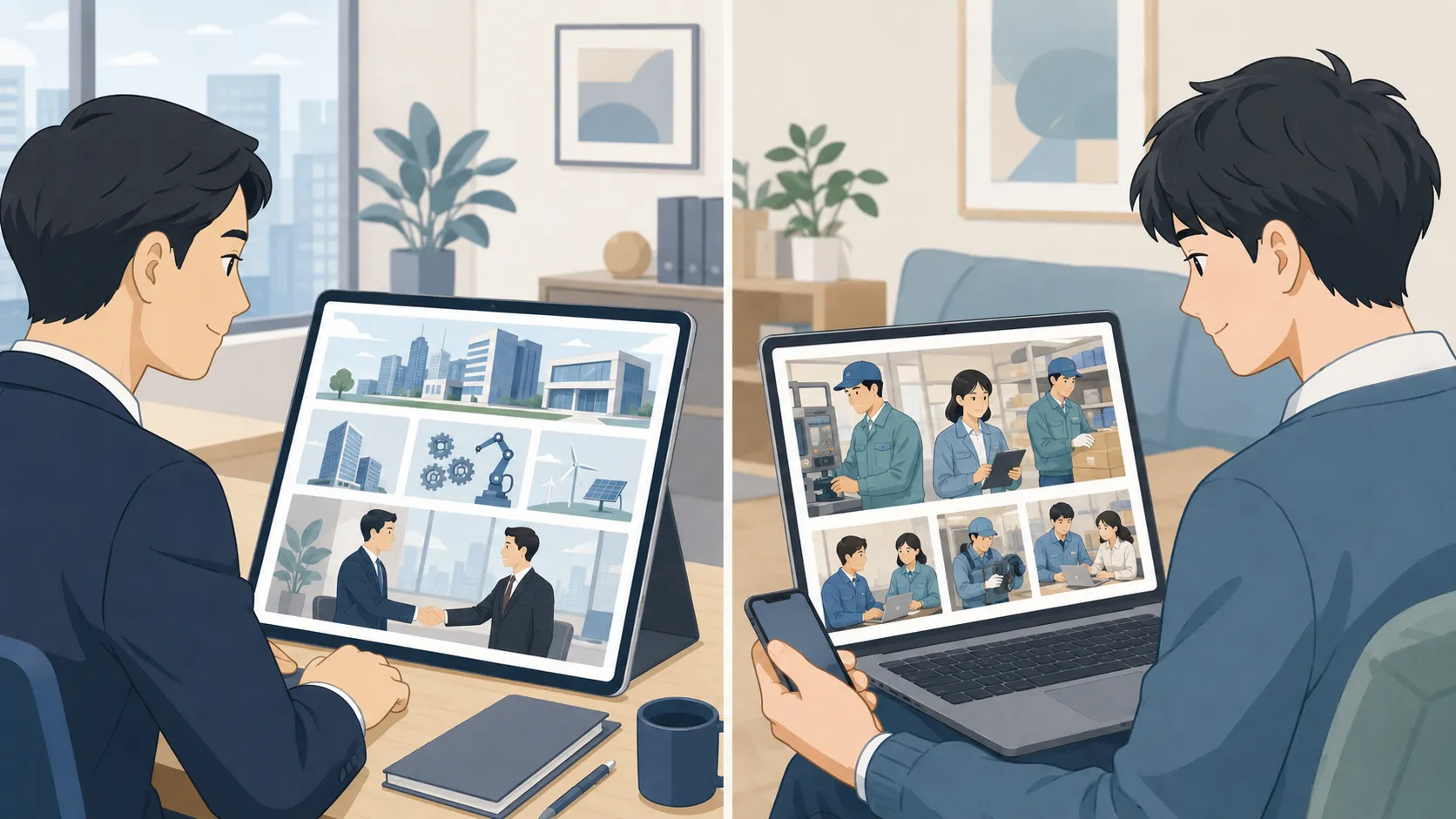 取引先向けの会社ホームページと、働く社員を紹介する採用サイトを見比べる構図