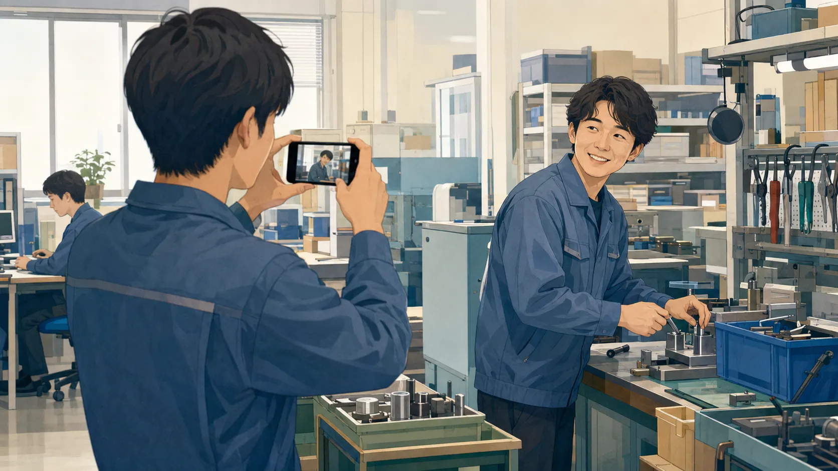 作業服の社員が現場で同僚の働く様子をスマホで撮影し、採用ページ用の写真を用意している様子