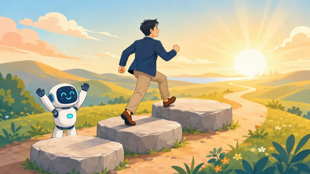 明るい地平線へ続く3つの踏み石を登る経営者と応援する小さなロボット