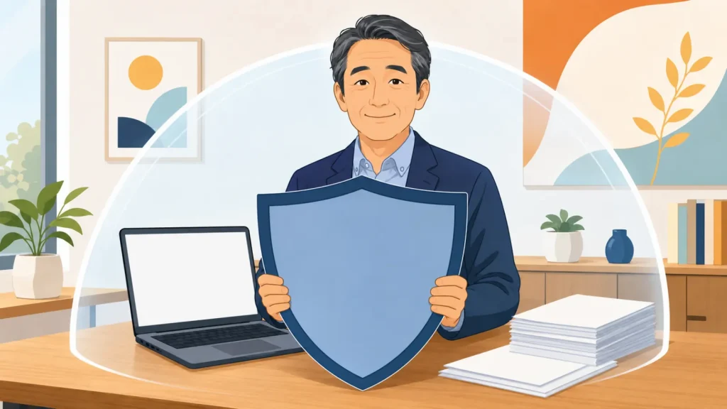 盾を構えてノートパソコンと大切な書類を守る経営者