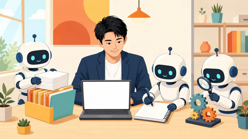 ノートパソコンで働く男性を書類整理や点検で手伝う小さなロボットたち