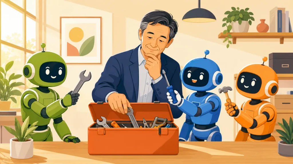 工具箱から道具を選ぶ経営者とそれぞれ道具を手にした3体のロボット