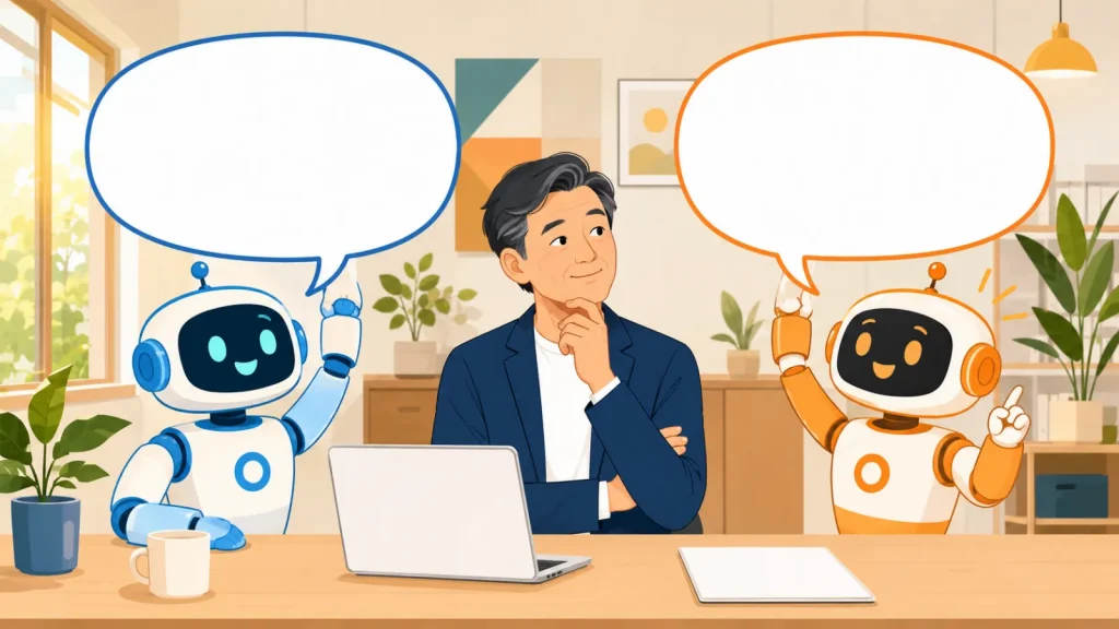 吹き出しを掲げた2体のロボットの答えを見比べる経営者