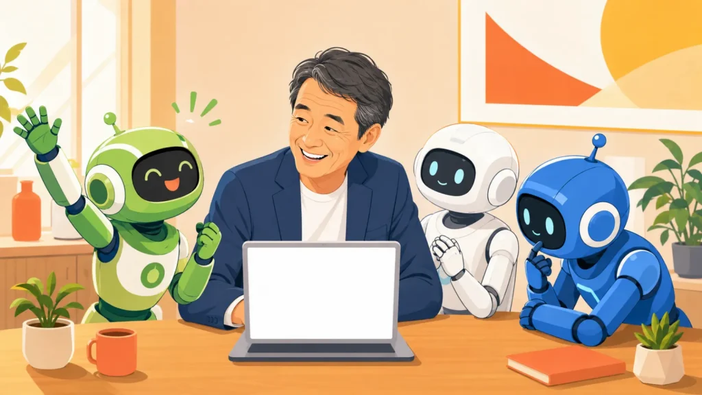 机で3体の色違いAIロボットと向き合う笑顔の経営者