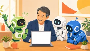 机で3体の色違いAIロボットと向き合う笑顔の経営者