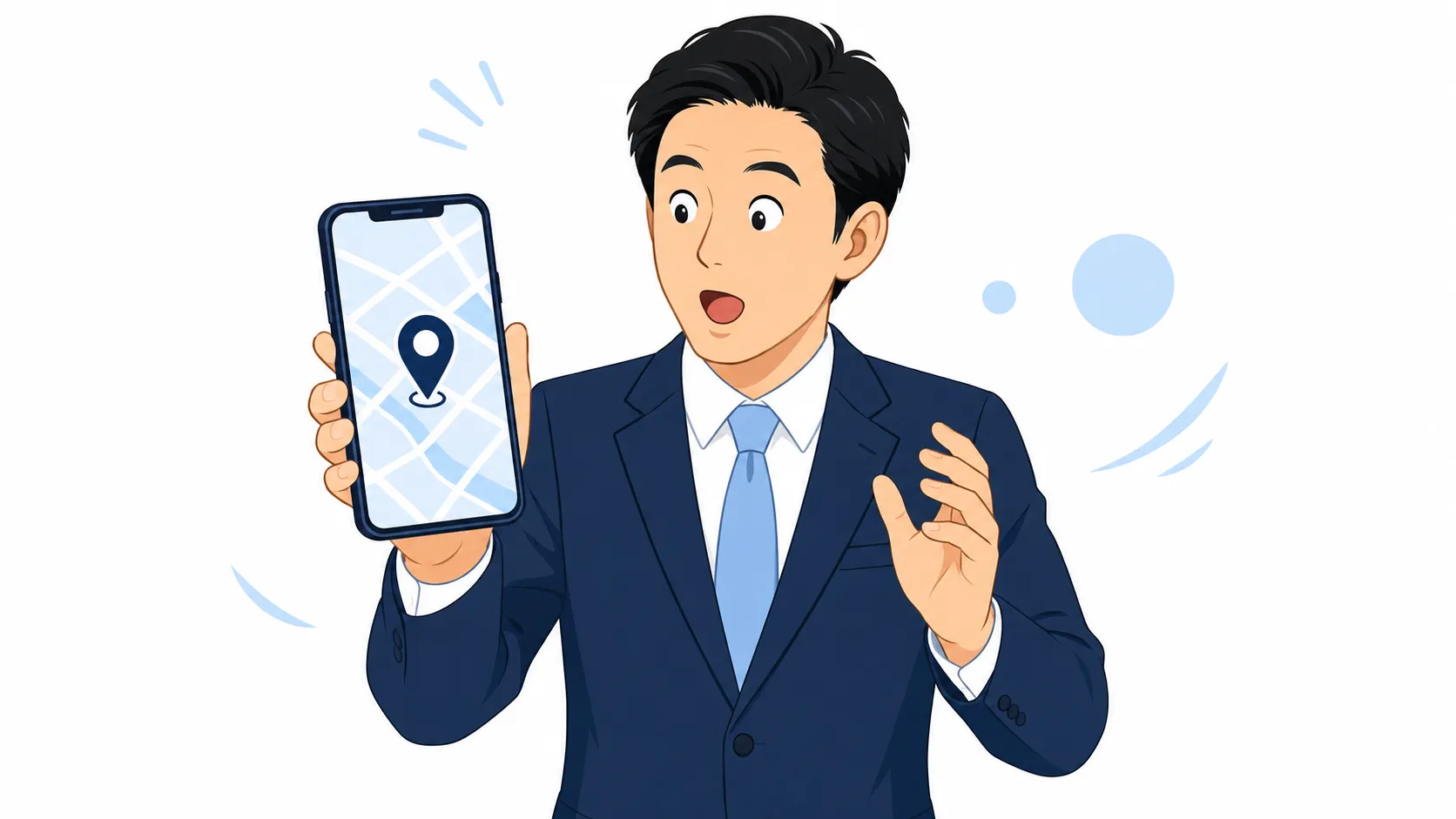 スマホの地図に自分の店が表示され驚いている経営者