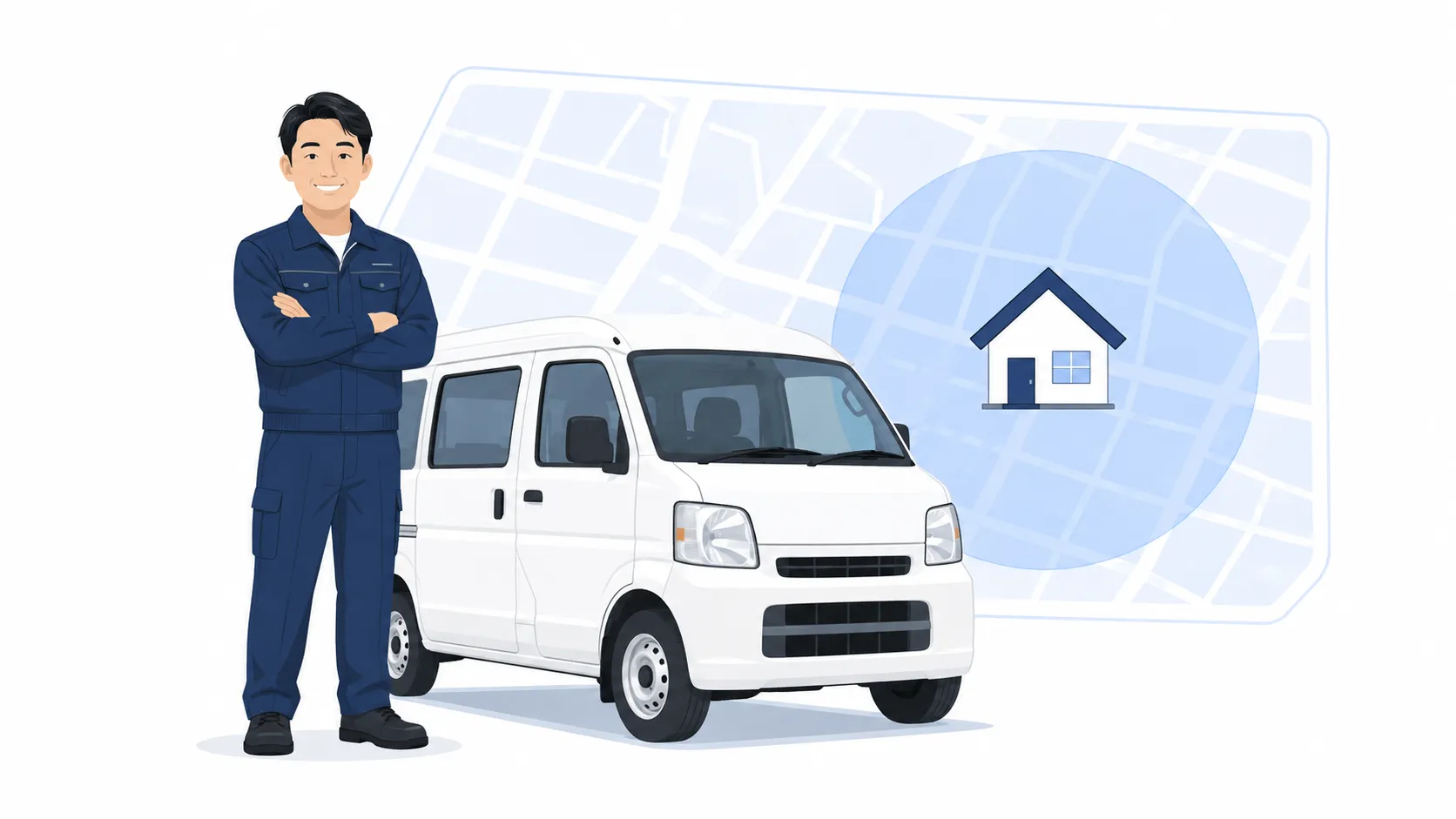 作業車の横に立つ職人と、背景の地図に丸く示された対応エリア