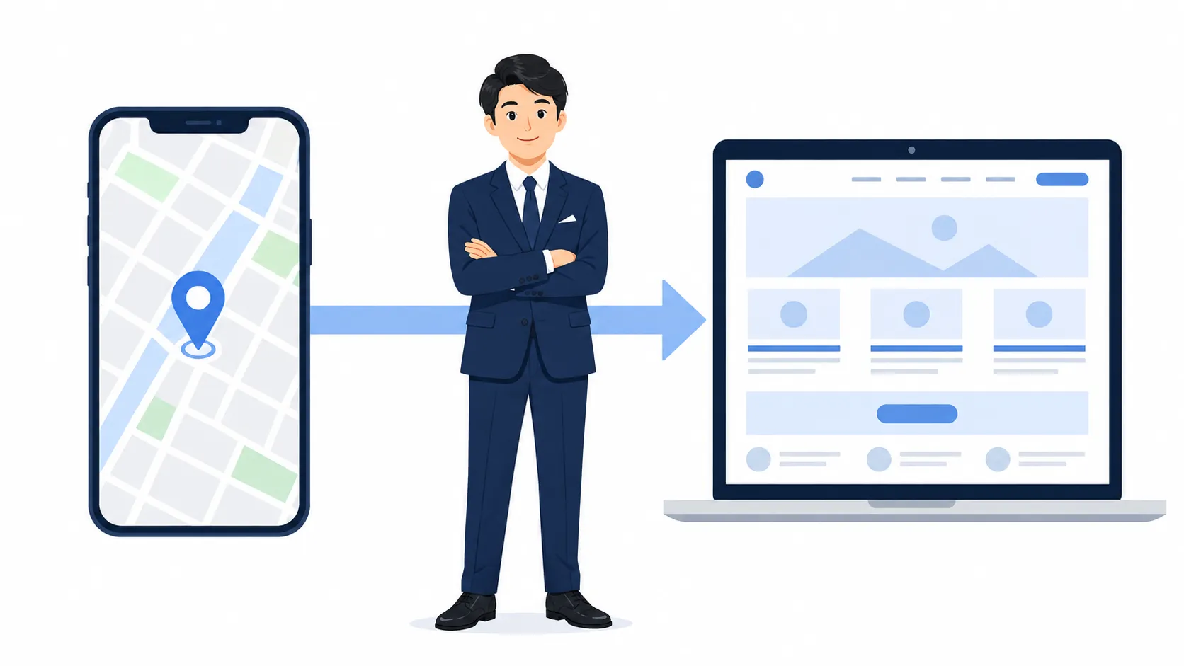 スマホの地図からパソコンのホームページへ矢印がつながる間に立つ経営者